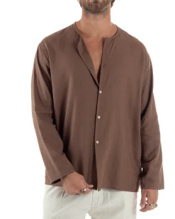 Camicia Lino Casacca Relaxed Fit Collo Coreano Marrone C2967A