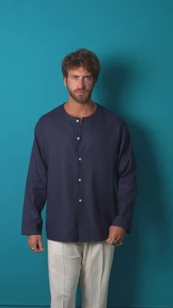 Camicia Lino Casacca Relaxed Fit Collo Coreano Marrone C2967A