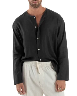 Camicia Lino Casacca Relaxed Fit Collo Coreano Nero C2972A