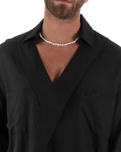 Camicia lino casacca relaxed fit scollo v nero GIOSAL-C2997A