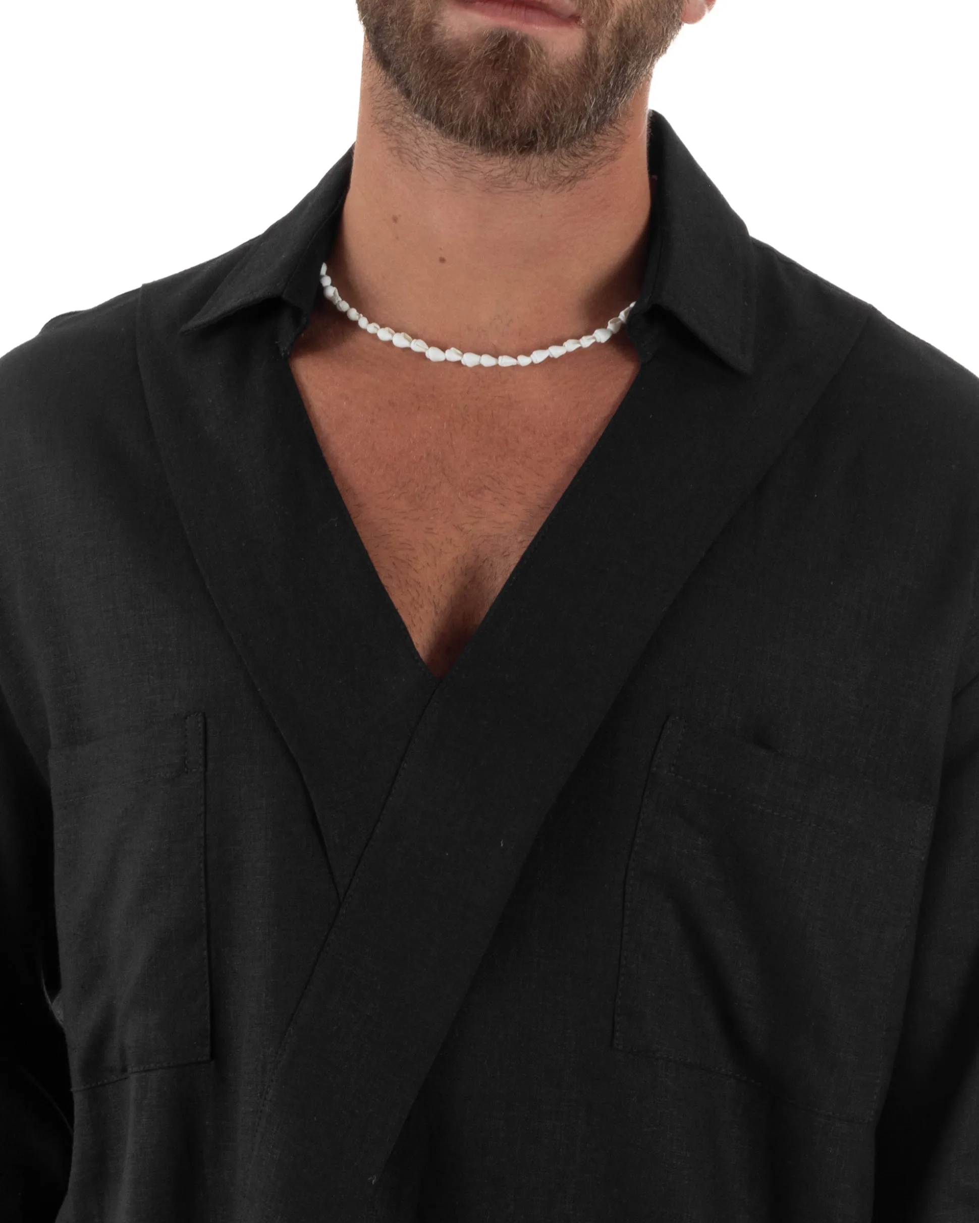 Camicia lino casacca relaxed fit scollo v nero GIOSAL-C2997A