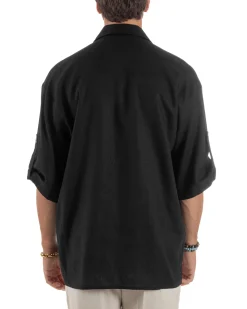 Camicia lino casacca relaxed fit scollo v nero GIOSAL-C2997A