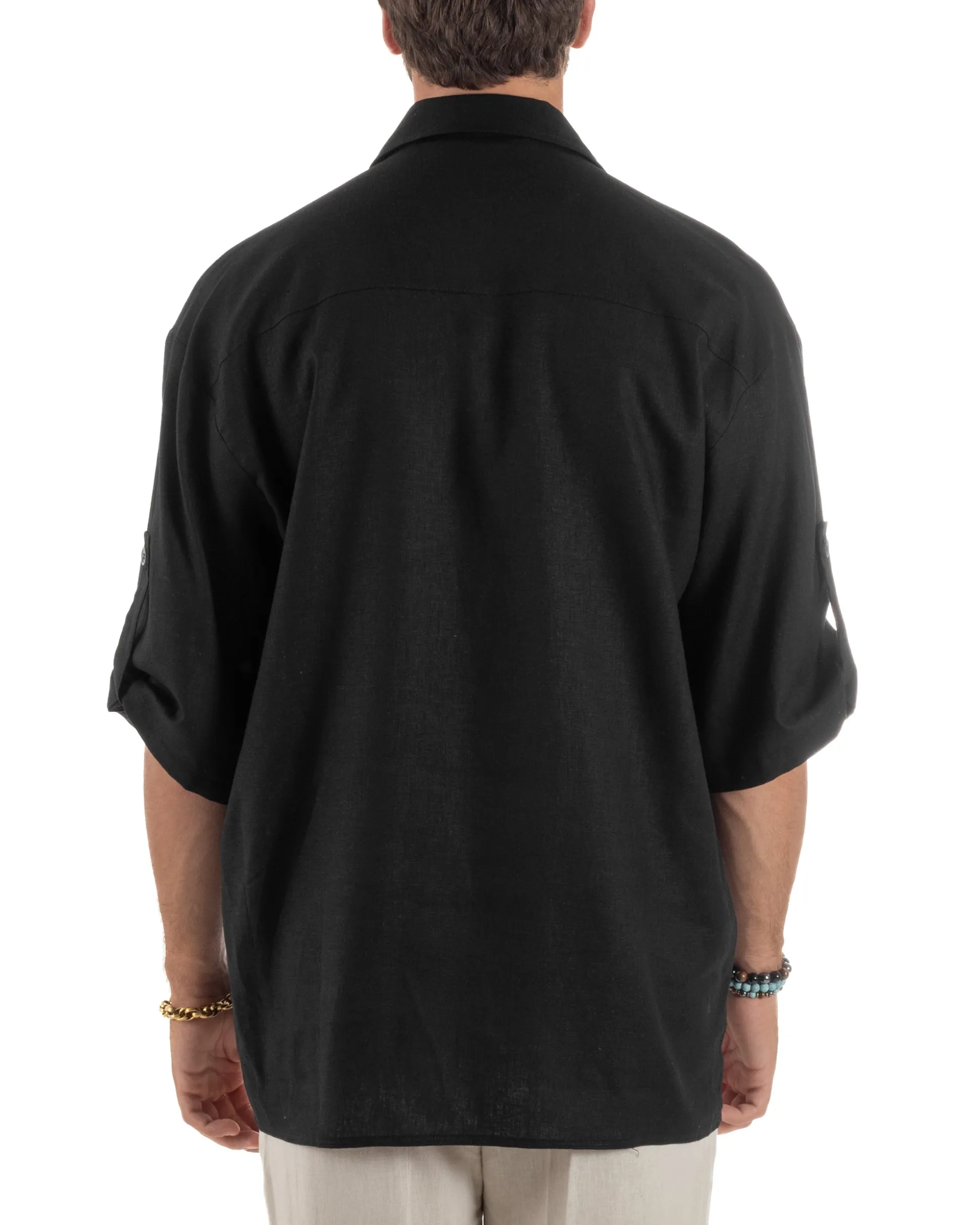 Camicia lino casacca relaxed fit scollo v nero GIOSAL-C2997A