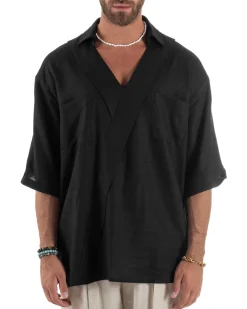 Camicia lino casacca relaxed fit scollo v nero GIOSAL-C2997A