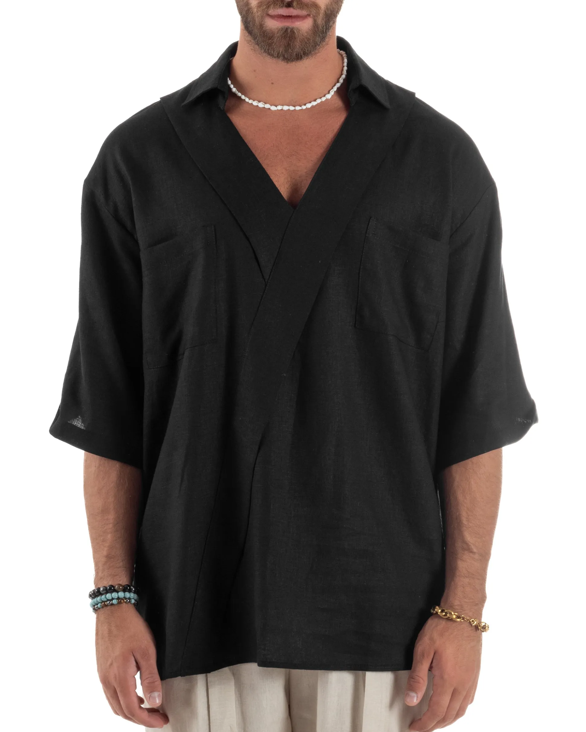 Camicia lino casacca relaxed fit scollo v nero GIOSAL-C2997A