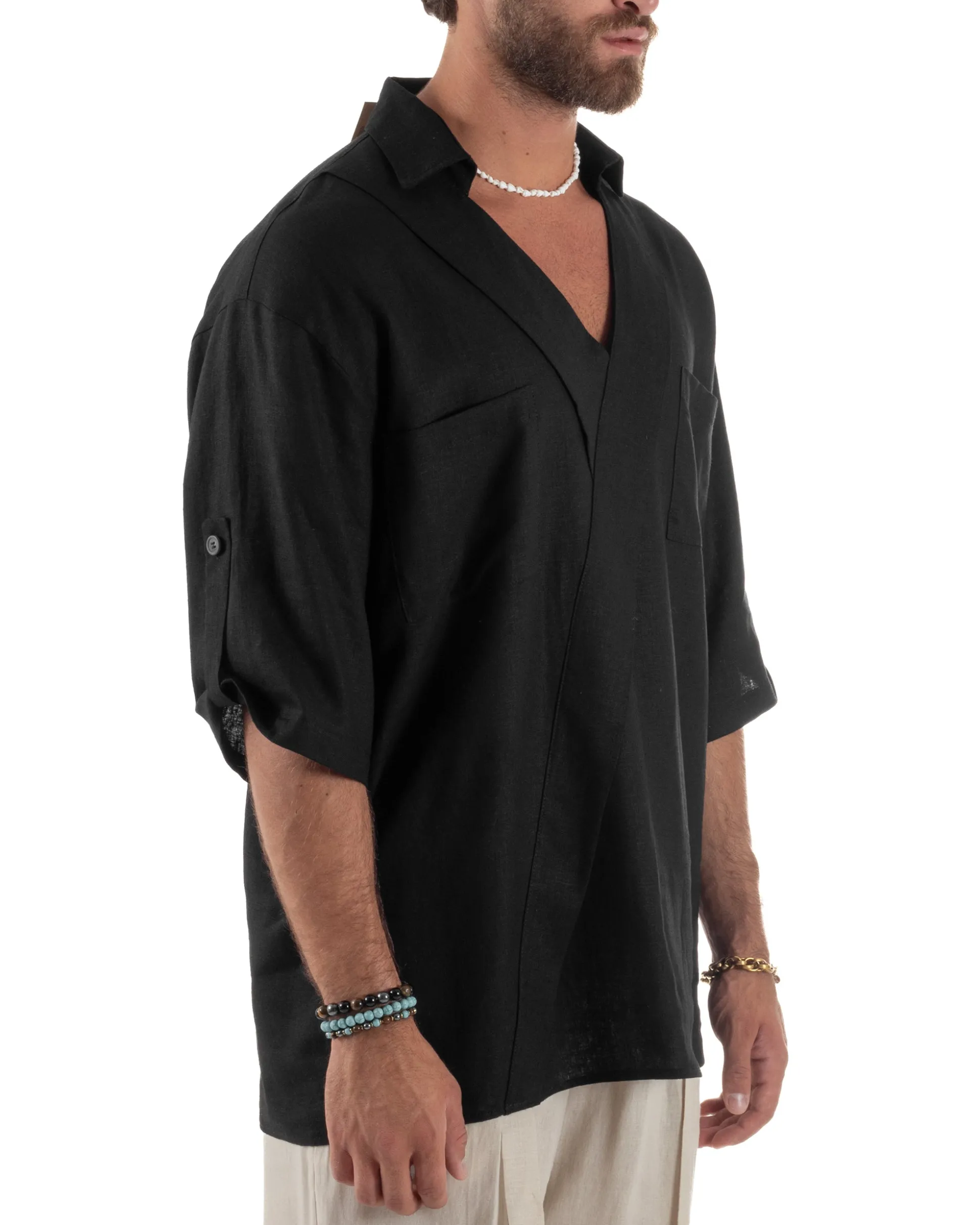 Camicia lino casacca relaxed fit scollo v nero GIOSAL-C2997A
