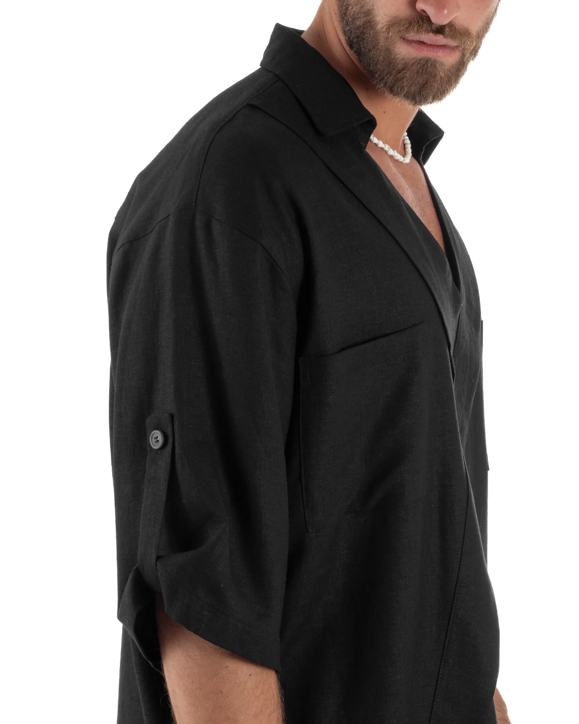 Camicia lino casacca relaxed fit scollo v nero GIOSAL-C2997A