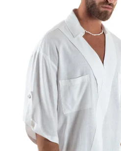 Camicia lino casacca relaxed fit scollo v bianco GIOSAL-C2998A