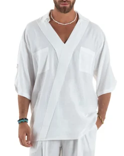 Camicia lino casacca relaxed fit scollo v bianco GIOSAL-C2998A