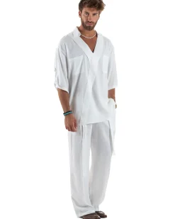 Camicia lino casacca relaxed fit scollo v bianco GIOSAL-C2998A