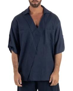 Camicia lino casacca relaxed fit scollo v blu GIOSAL-C3091A