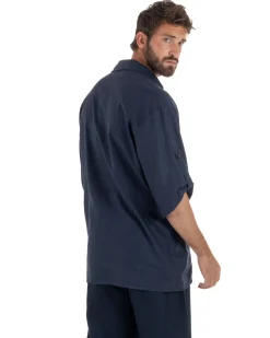 Camicia lino casacca relaxed fit scollo v blu GIOSAL-C3091A