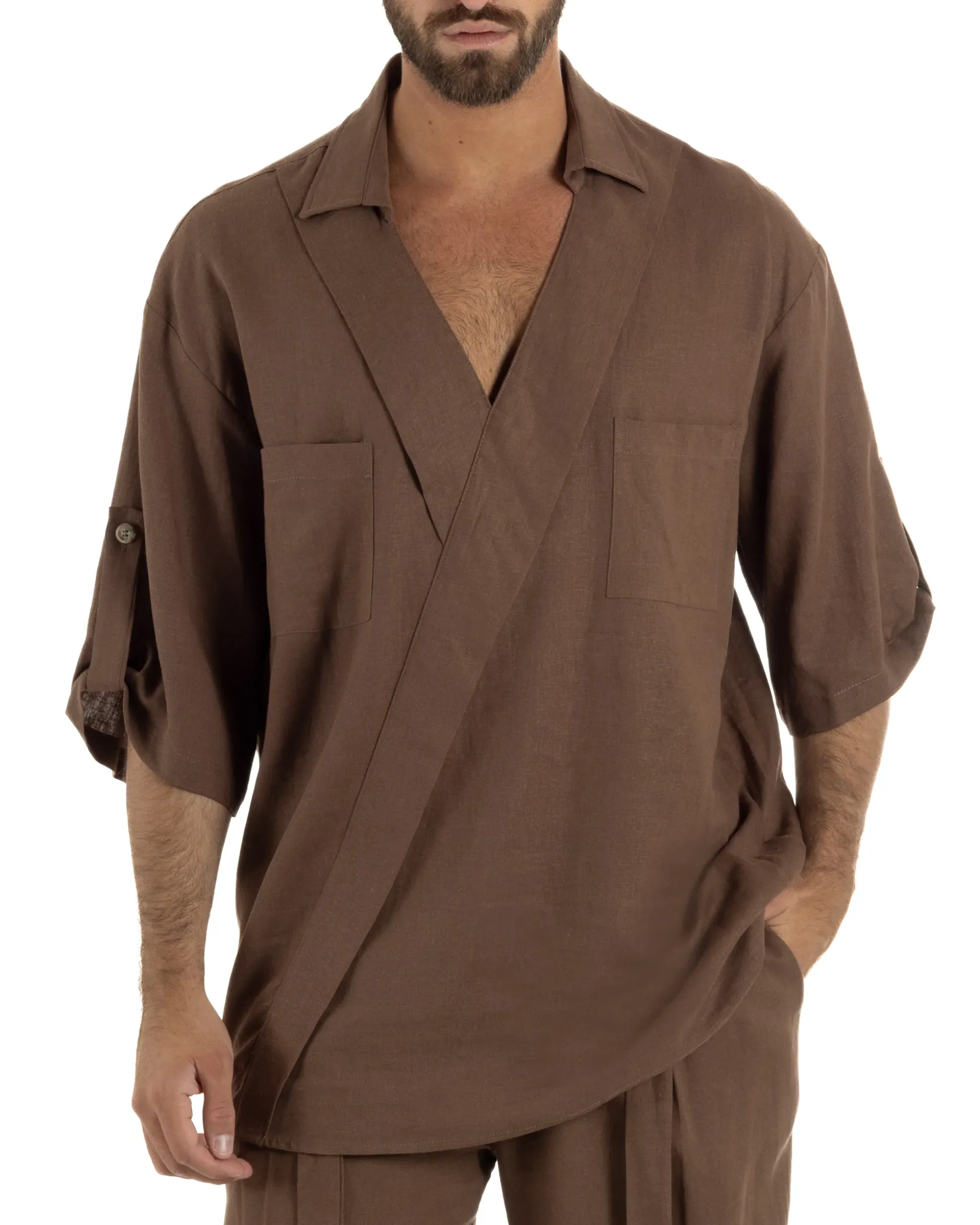 Camicia lino casacca relaxed fit scollo v marrone GIOSAL-C3090A