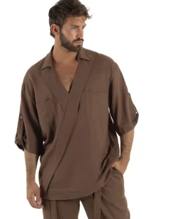 Camicia lino casacca relaxed fit scollo v marrone GIOSAL-C3090A