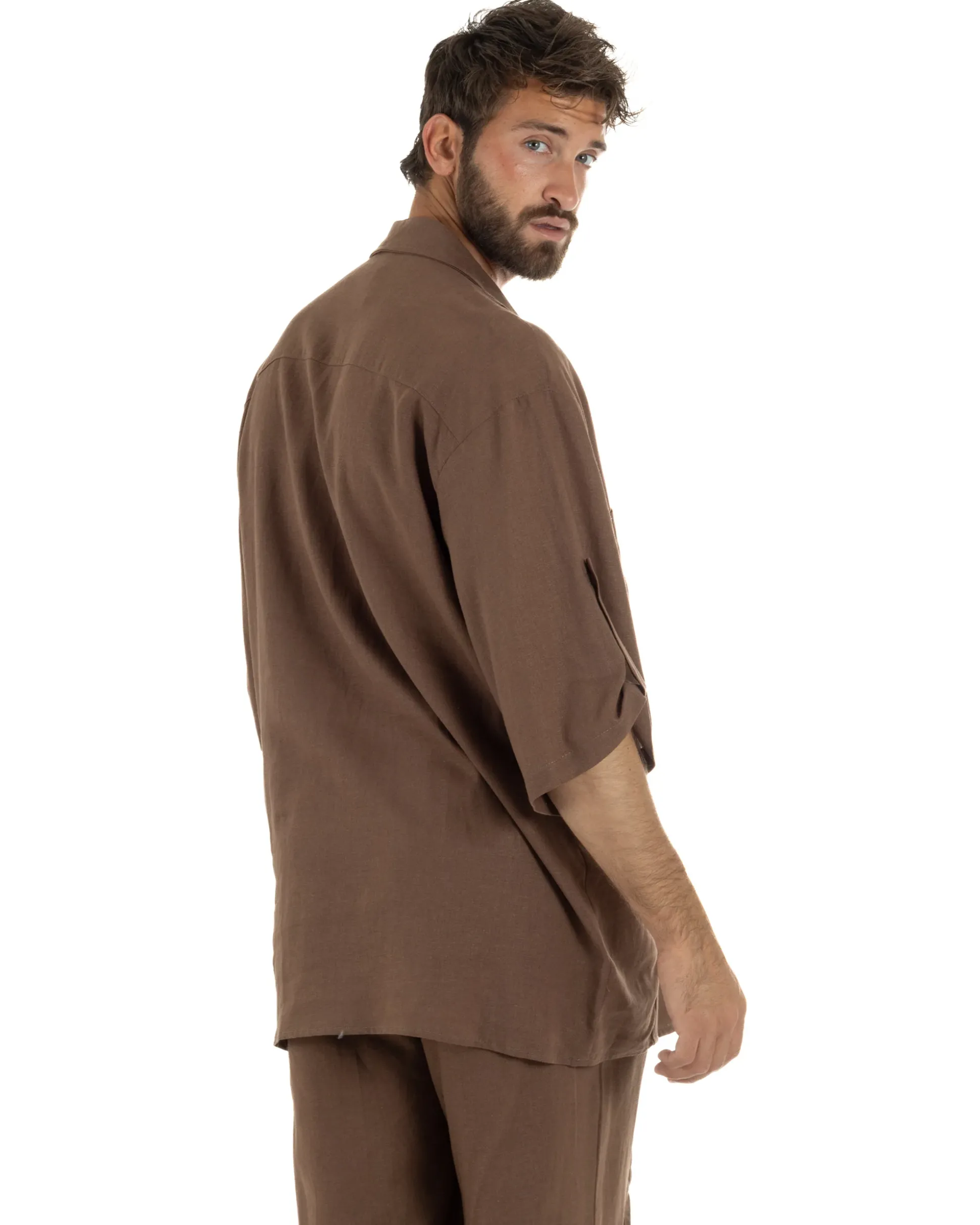 Camicia lino casacca relaxed fit scollo v marrone GIOSAL-C3090A