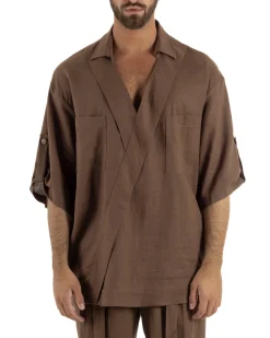 Camicia lino casacca relaxed fit scollo v marrone GIOSAL-C3090A