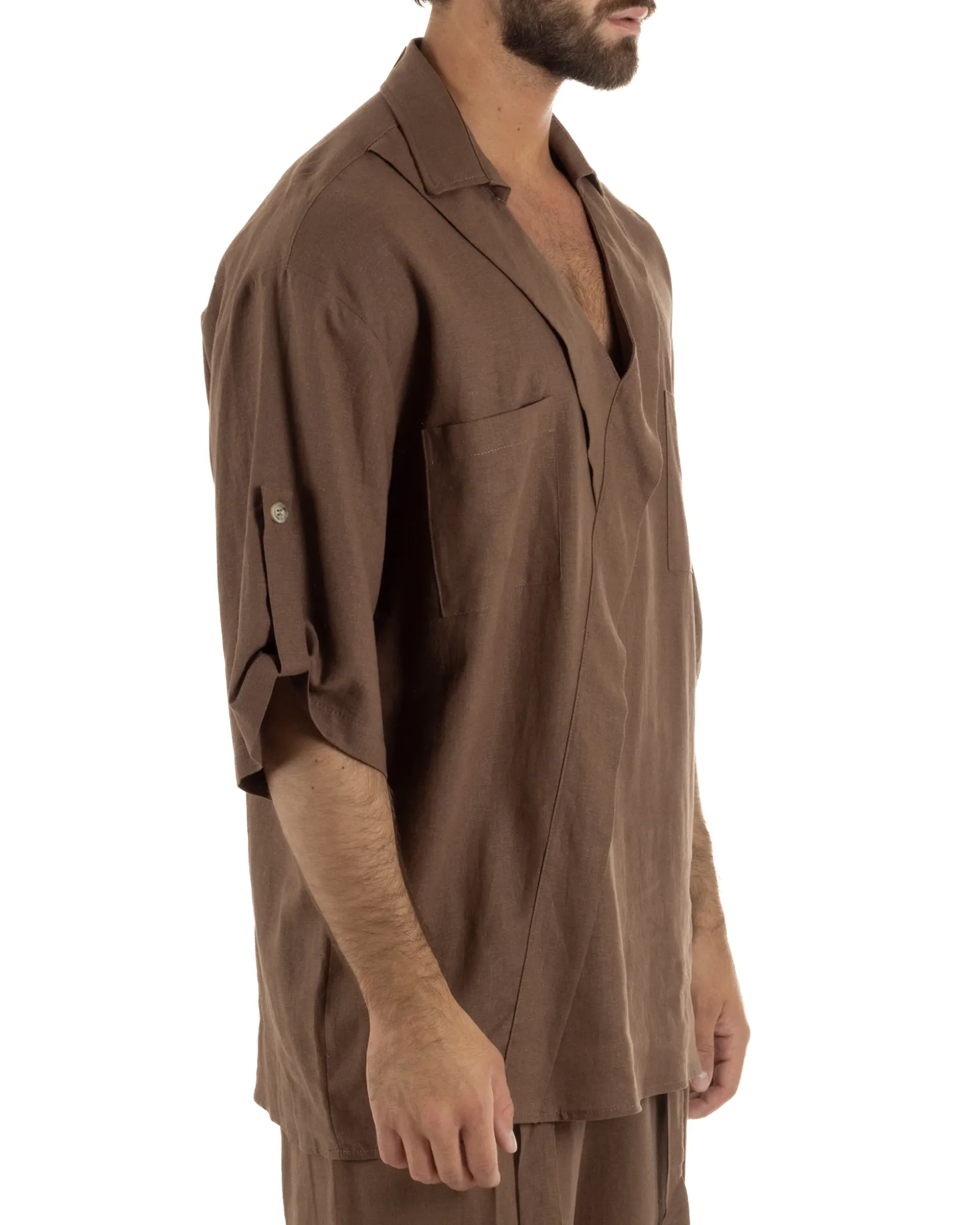 Camicia lino casacca relaxed fit scollo v marrone GIOSAL-C3090A