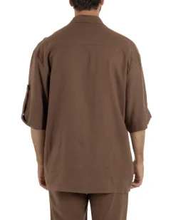 Camicia lino casacca relaxed fit scollo v marrone GIOSAL-C3090A