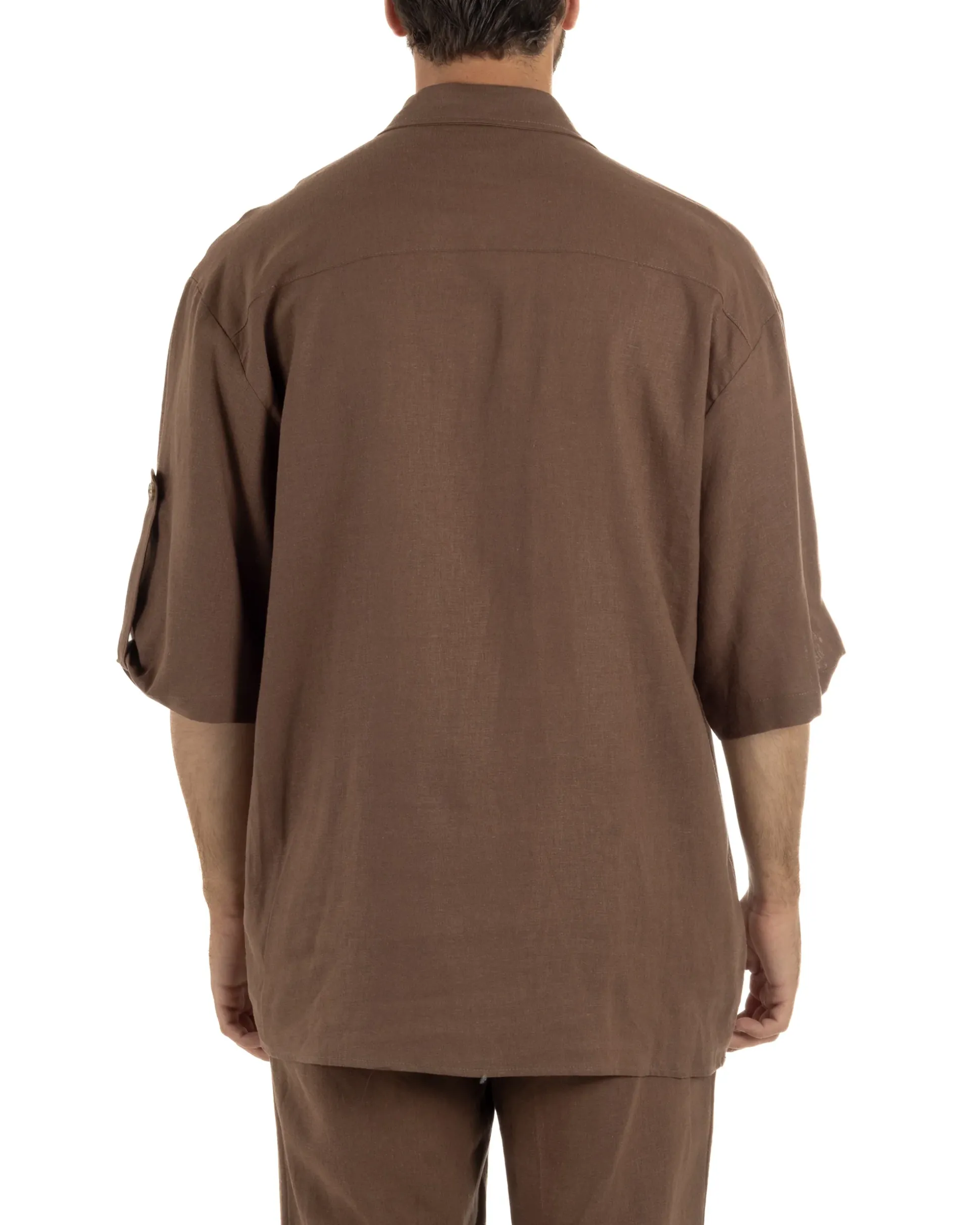 Camicia lino casacca relaxed fit scollo v marrone GIOSAL-C3090A