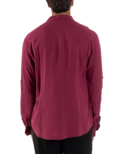 Camicia Lino Slim Fit Collo Coreano Bordeaux C3044A