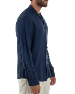Camicia Lino Slim Fit Collo Coreano Blu C3057A