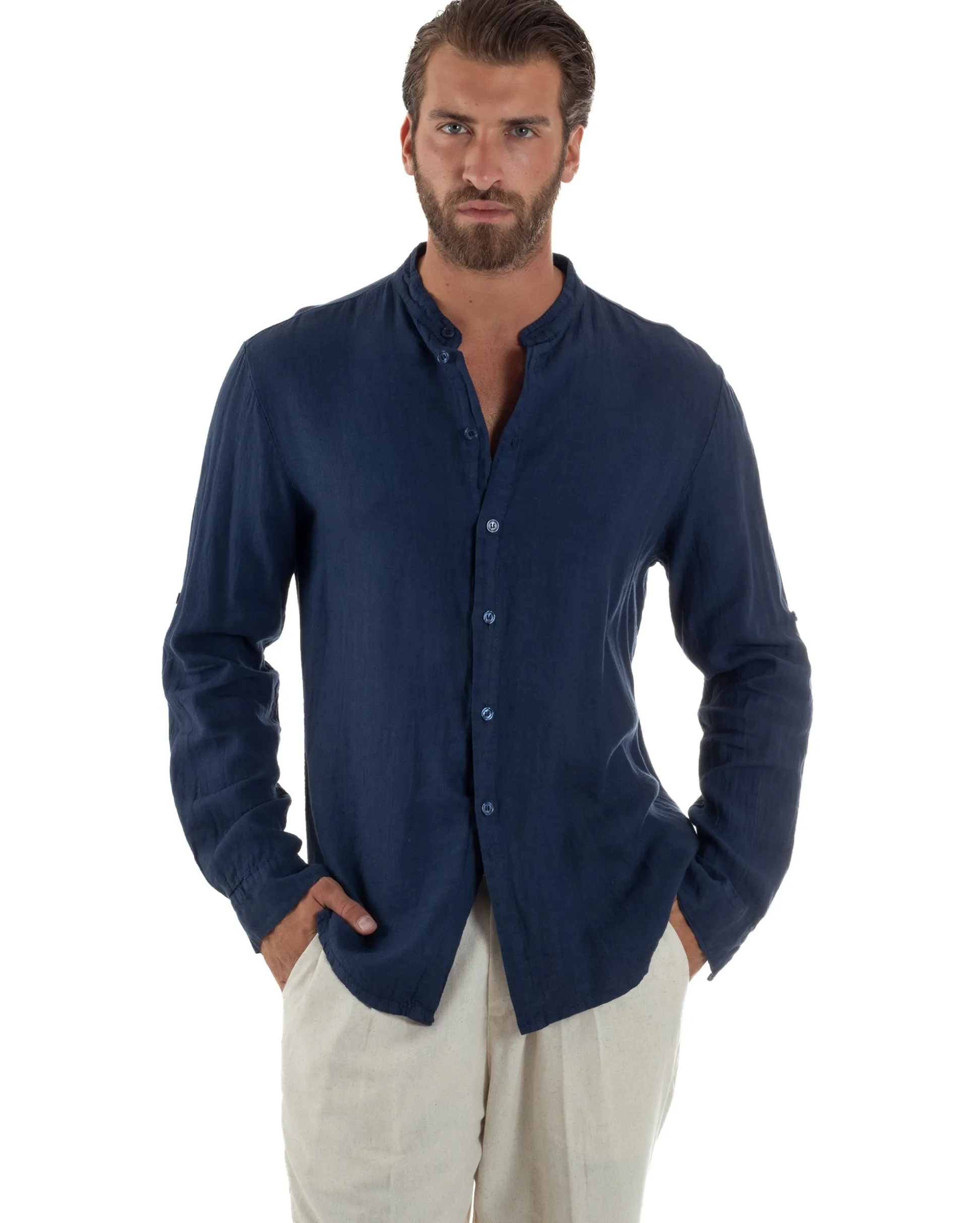 Camicia Lino Slim Fit Collo Coreano Blu C3057A