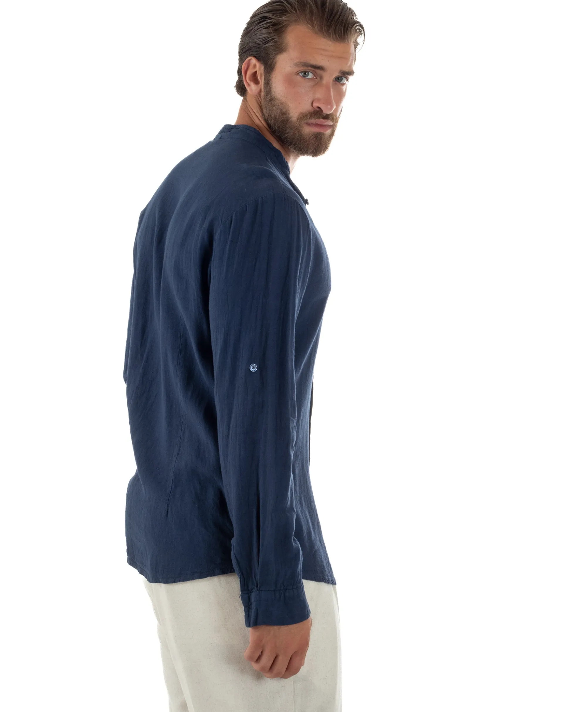 Camicia Lino Slim Fit Collo Coreano Blu C3057A