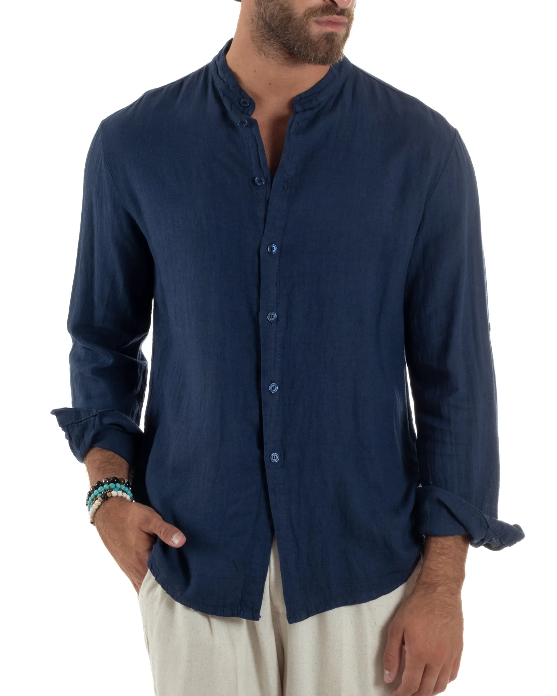 Camicia Lino Slim Fit Collo Coreano Blu C3057A