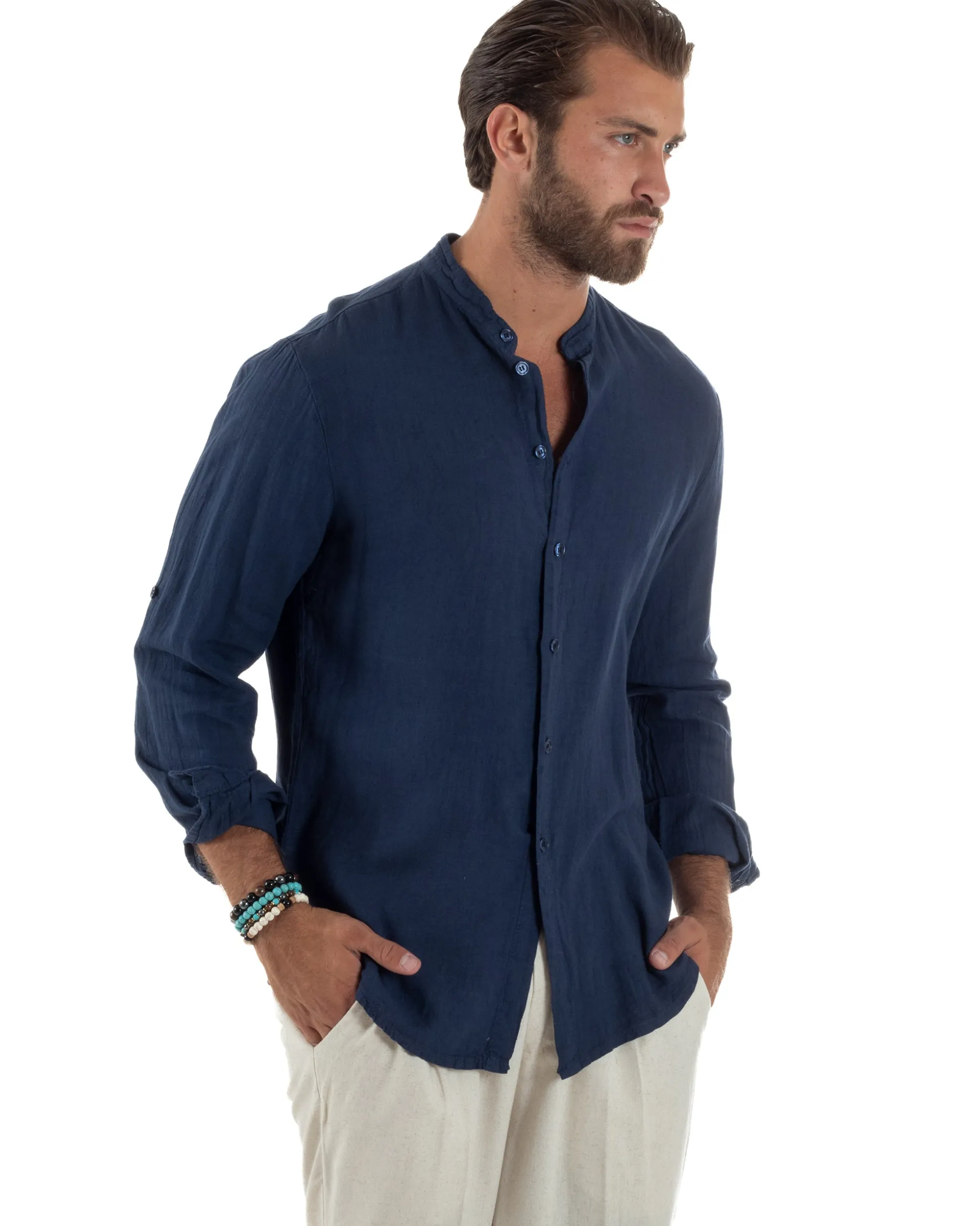 Camicia Lino Slim Fit Collo Coreano Blu C3057A