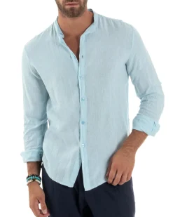 Camicia Lino Slim Fit Collo Coreano Celeste C3046A
