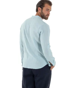 Camicia Lino Slim Fit Collo Coreano Celeste C3046A