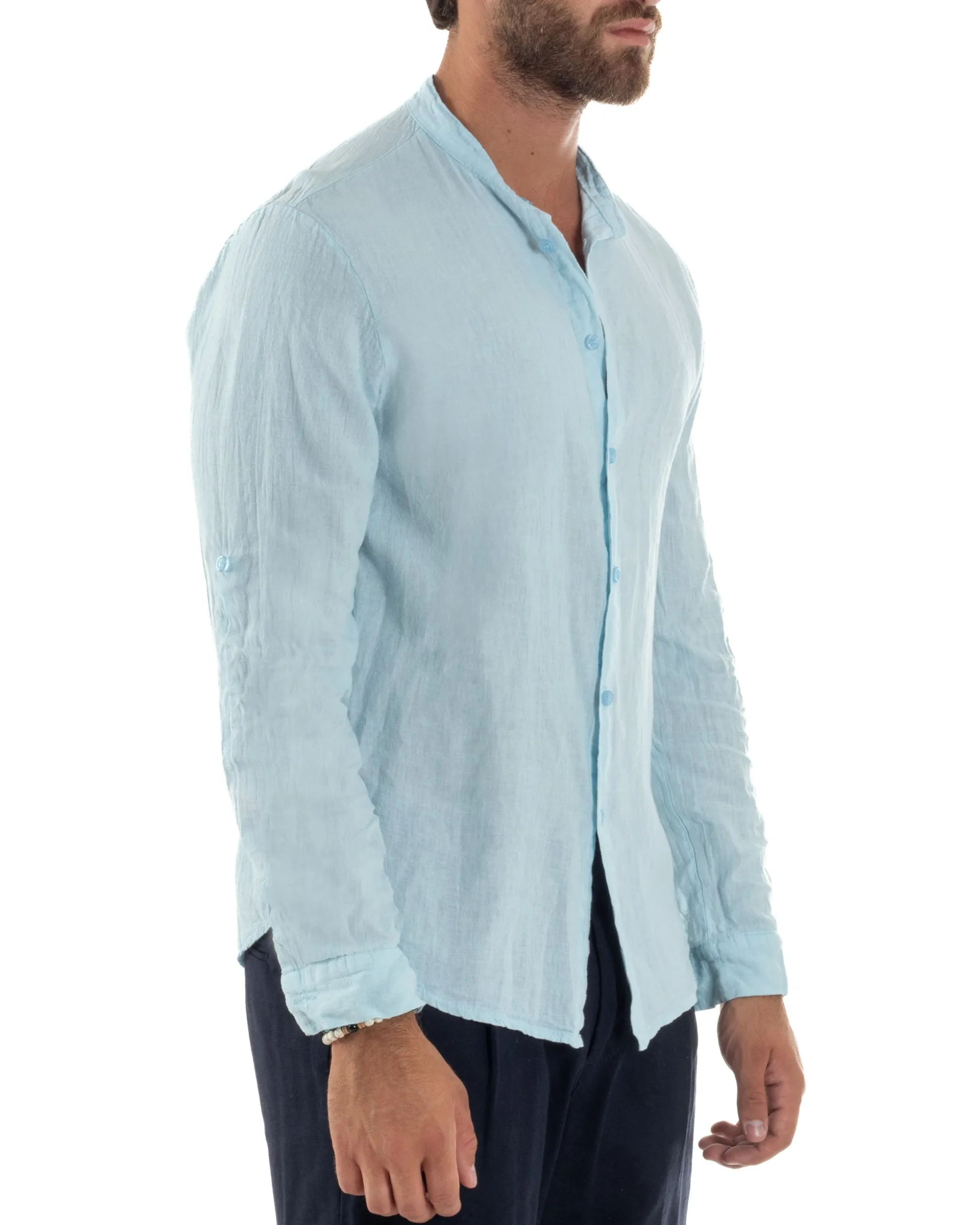 Camicia Lino Slim Fit Collo Coreano Celeste C3046A