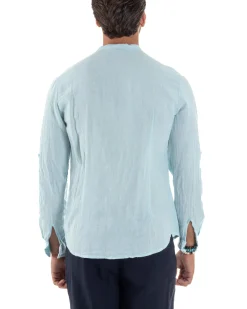 Camicia Lino Slim Fit Collo Coreano Celeste C3046A