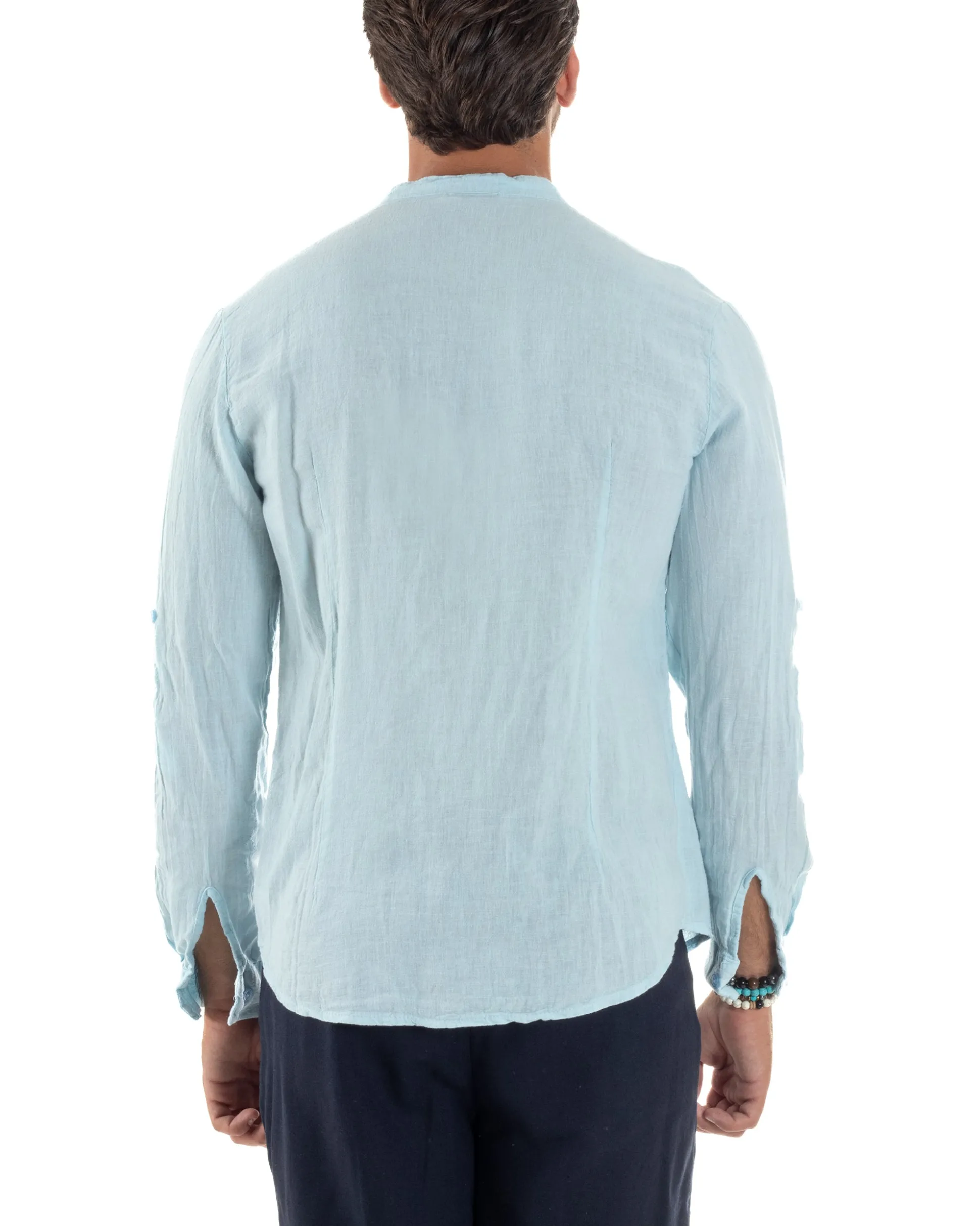 Camicia Lino Slim Fit Collo Coreano Celeste C3046A