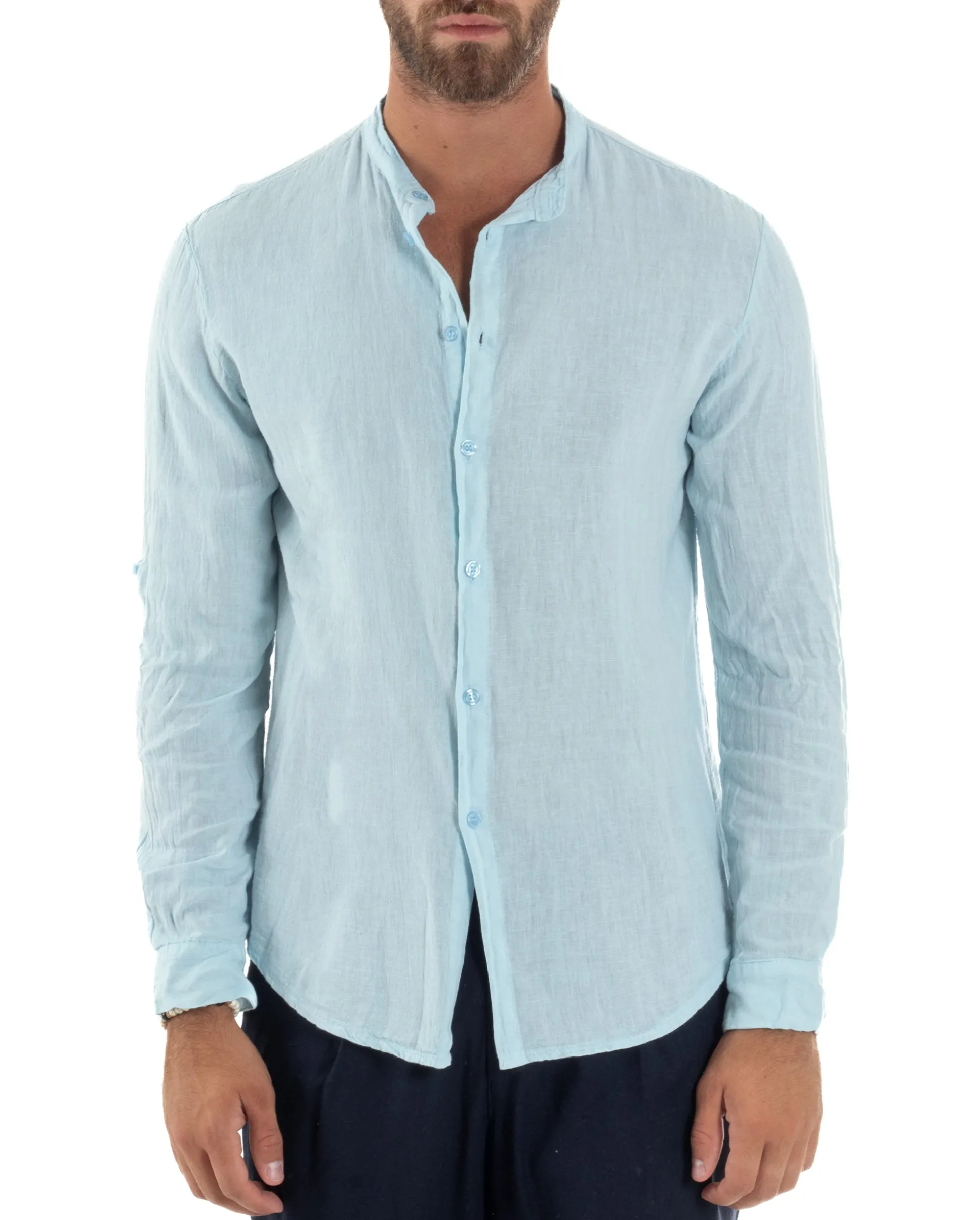 Camicia Lino Slim Fit Collo Coreano Celeste C3046A