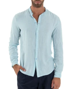 Camicia Lino Slim Fit Collo Coreano Celeste C3046A