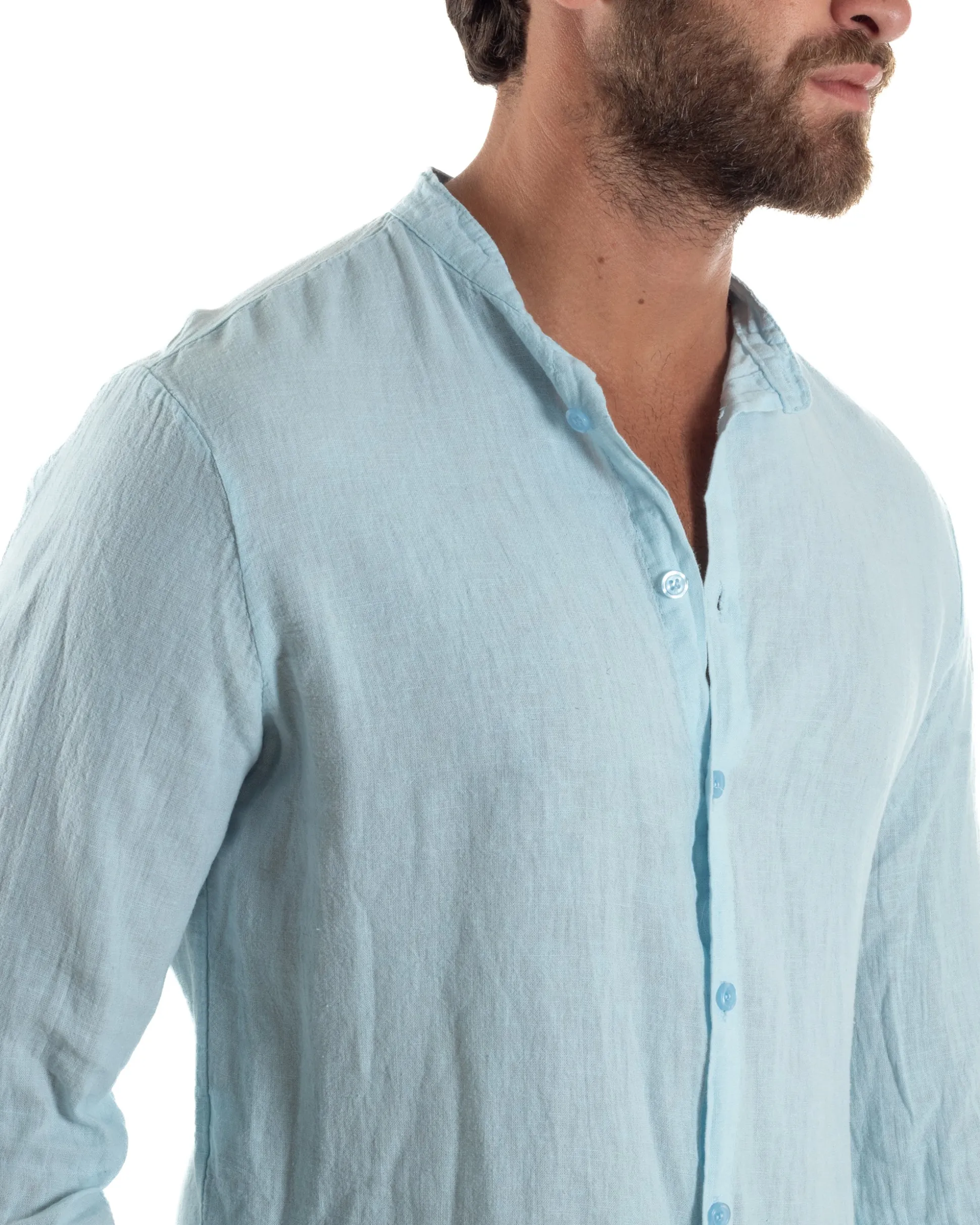 Camicia Lino Slim Fit Collo Coreano Celeste C3046A