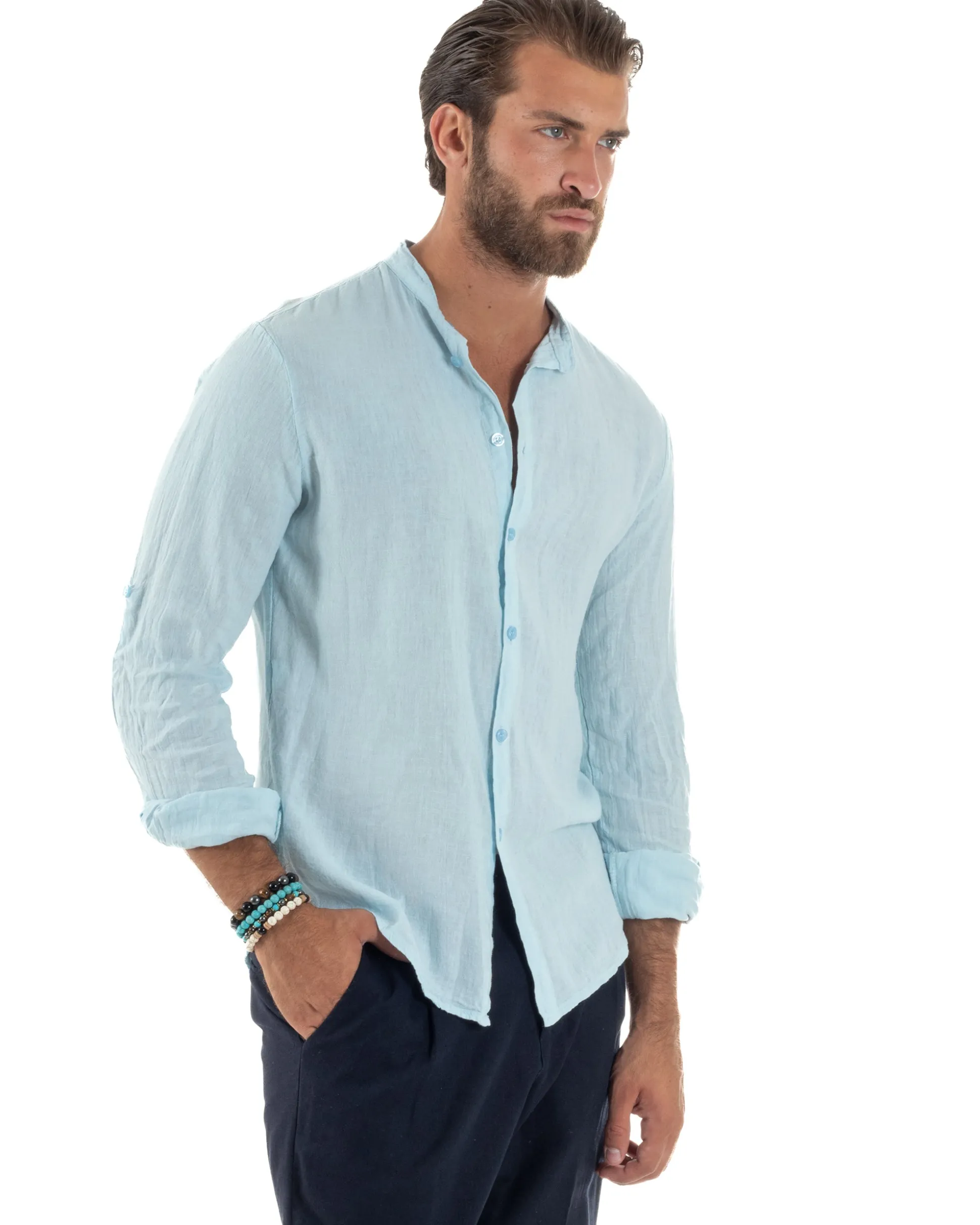 Camicia Lino Slim Fit Collo Coreano Celeste C3046A
