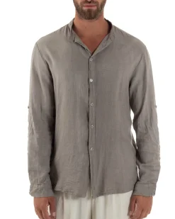 Camicia Lino Slim Fit Collo Coreano Fango C3056A