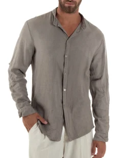Camicia Lino Slim Fit Collo Coreano Fango C3056A