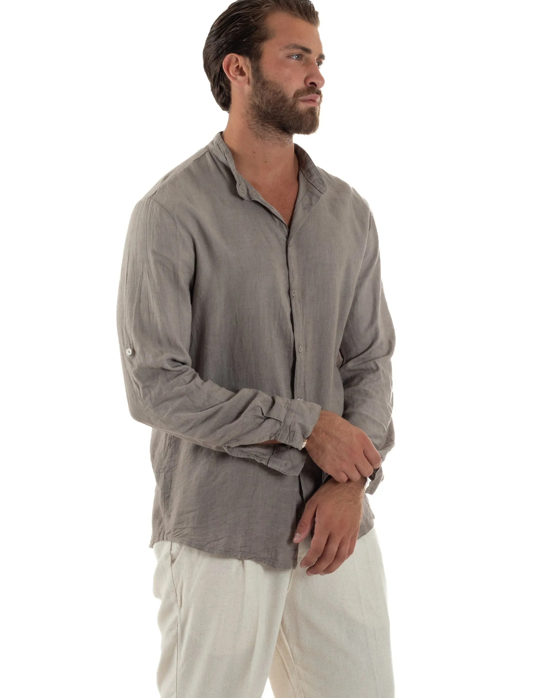 Camicia Lino Slim Fit Collo Coreano Fango C3056A