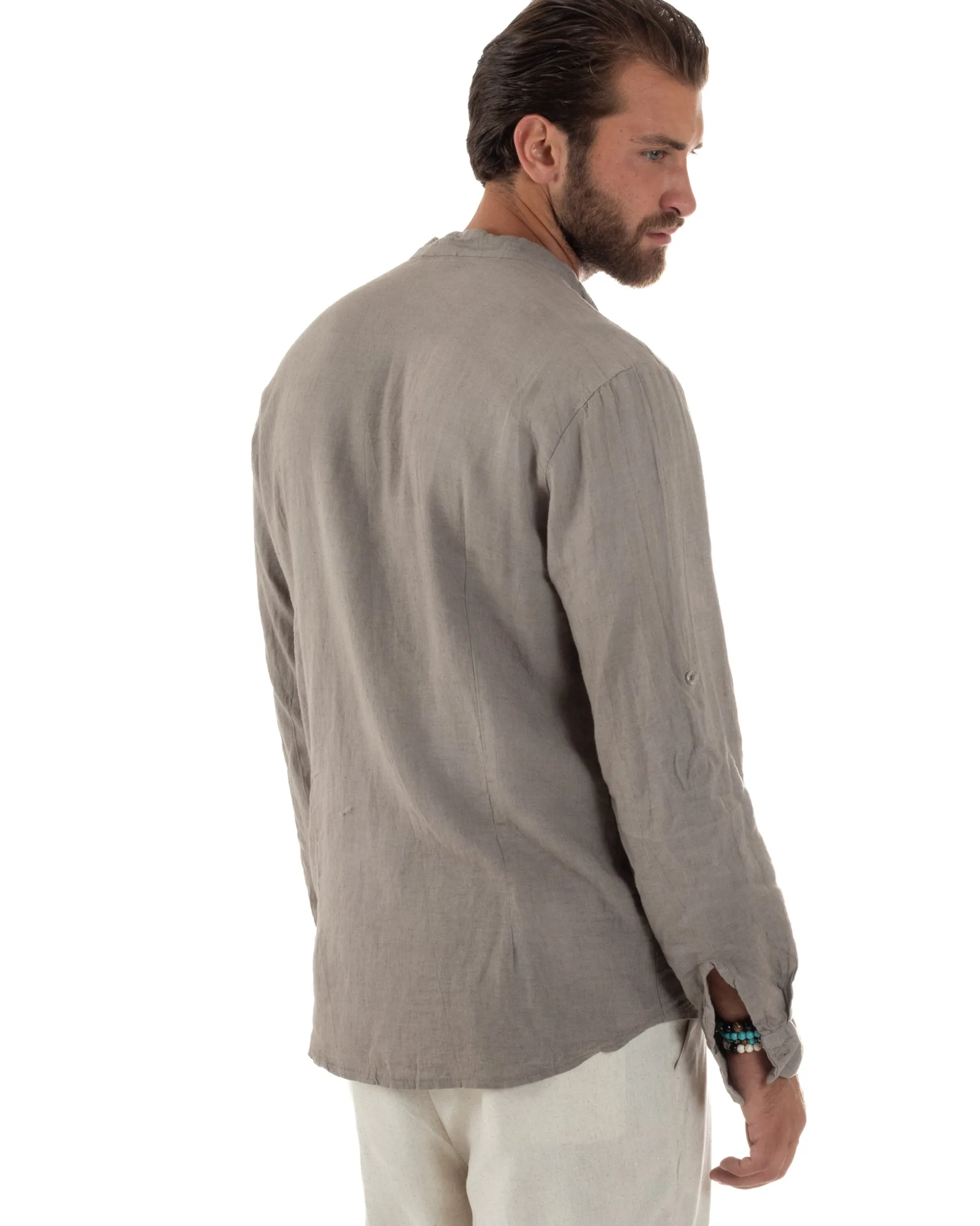 Camicia Lino Slim Fit Collo Coreano Fango C3056A