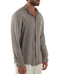 Camicia Lino Slim Fit Collo Coreano Fango C3056A