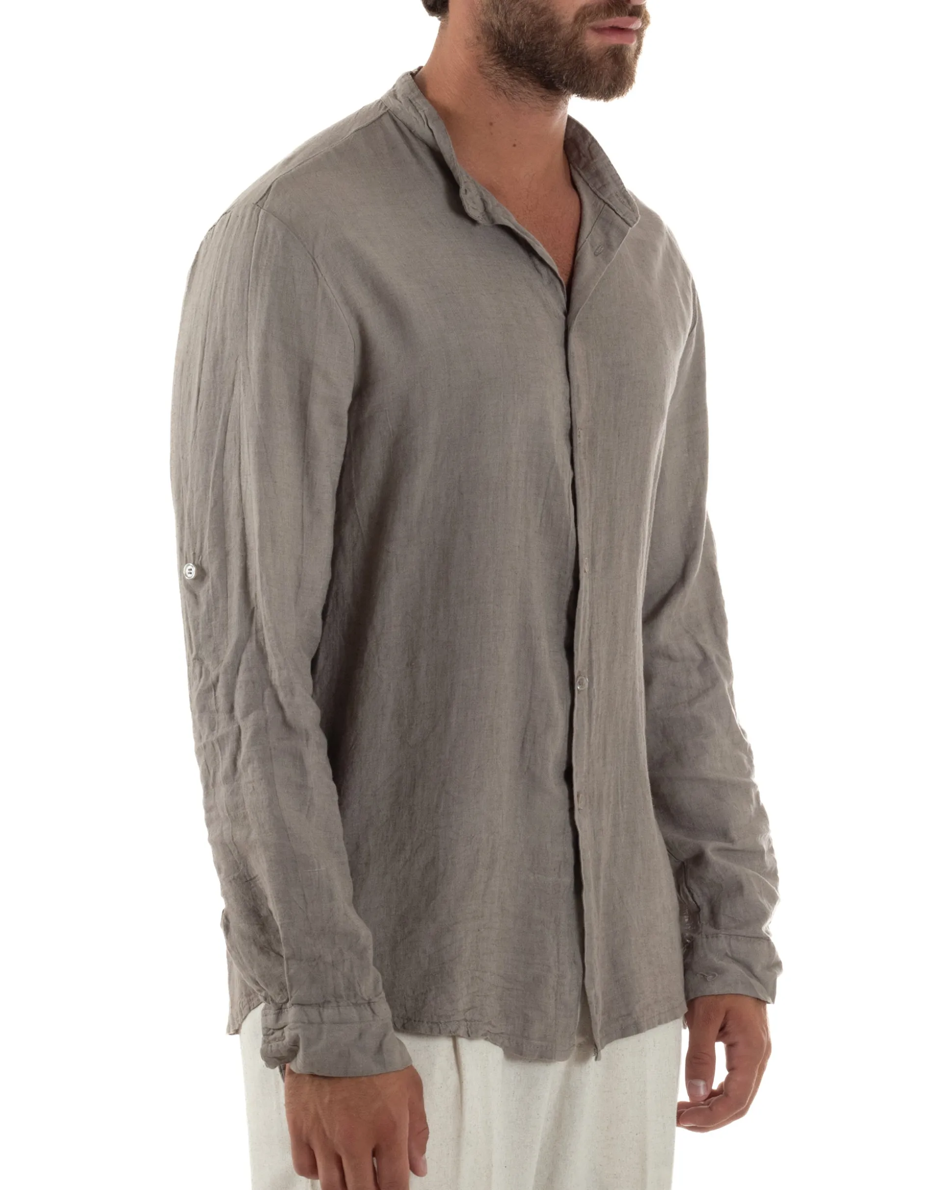 Camicia Lino Slim Fit Collo Coreano Fango C3056A