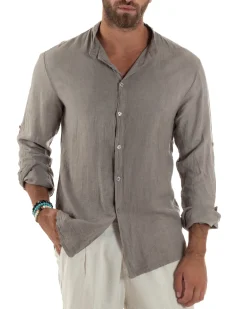 Camicia Lino Slim Fit Collo Coreano Fango C3056A