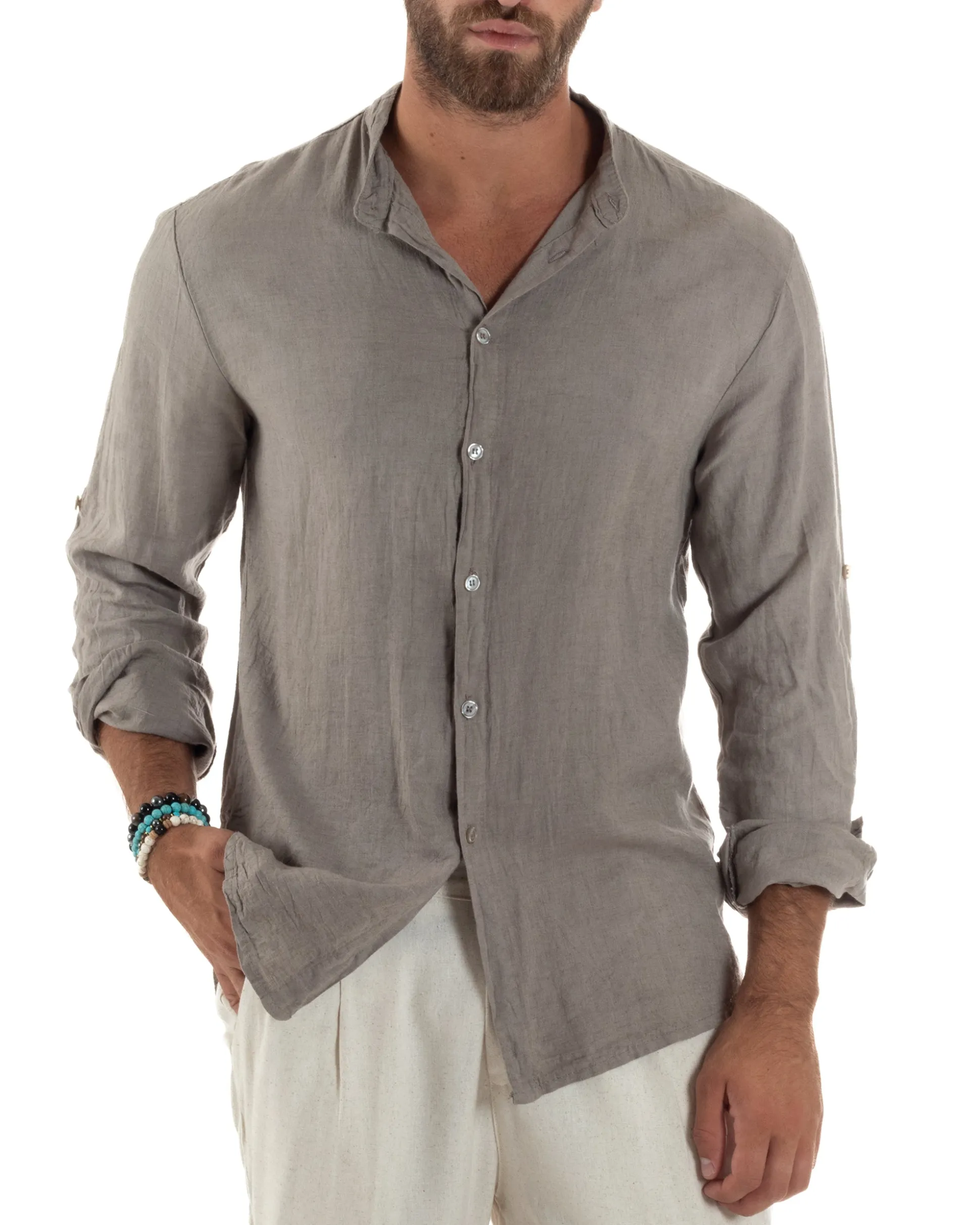 Camicia Lino Slim Fit Collo Coreano Fango C3056A