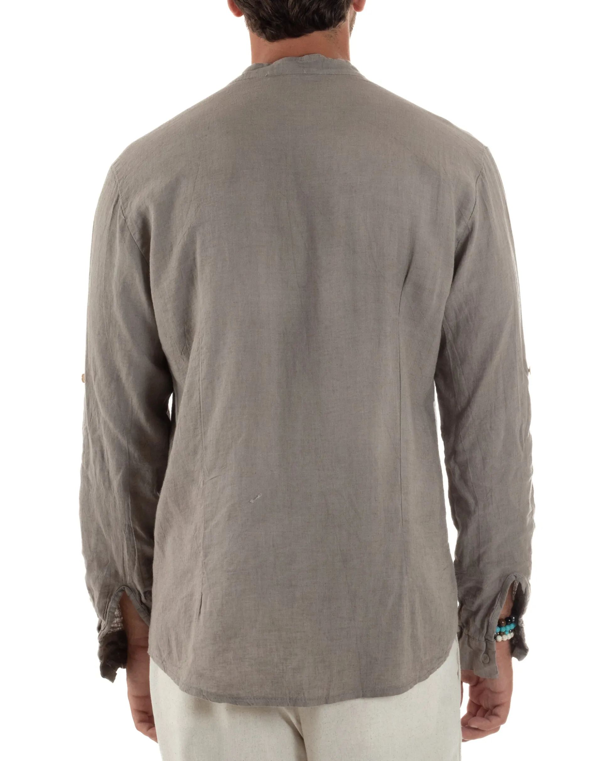 Camicia Lino Slim Fit Collo Coreano Fango C3056A