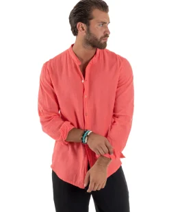 Camicia Lino Slim Fit Collo Coreano Corallo C3043A