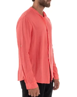 Camicia Lino Slim Fit Collo Coreano Corallo C3043A
