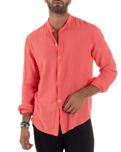 Camicia Lino Slim Fit Collo Coreano Corallo C3043A